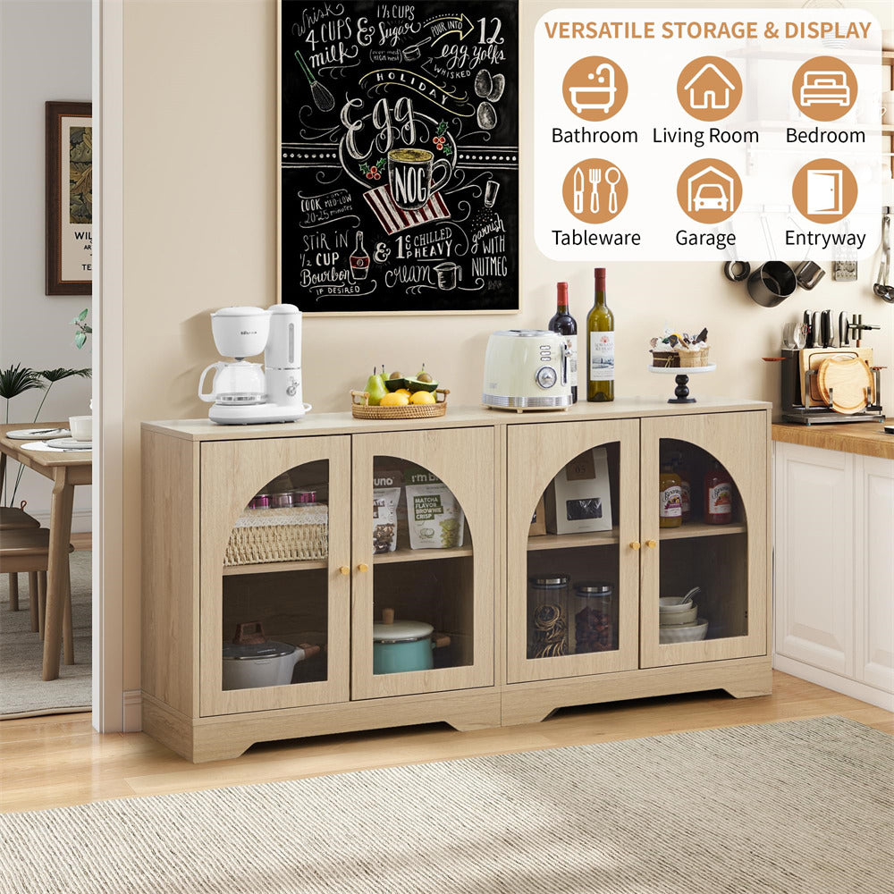 Light wood storage cabinet with glass doors in a kitchen setting, featuring appliances and decor.