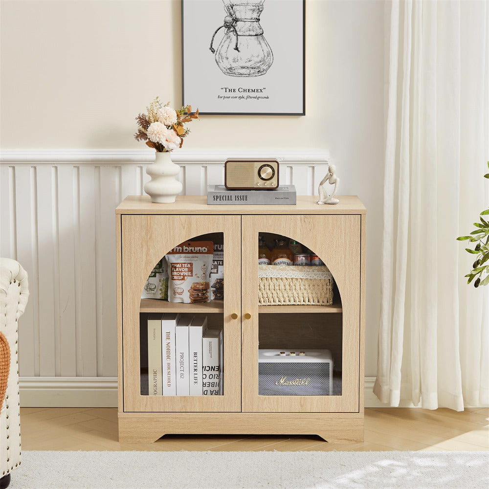 Wooden cabinet with glass doors in a living room setting