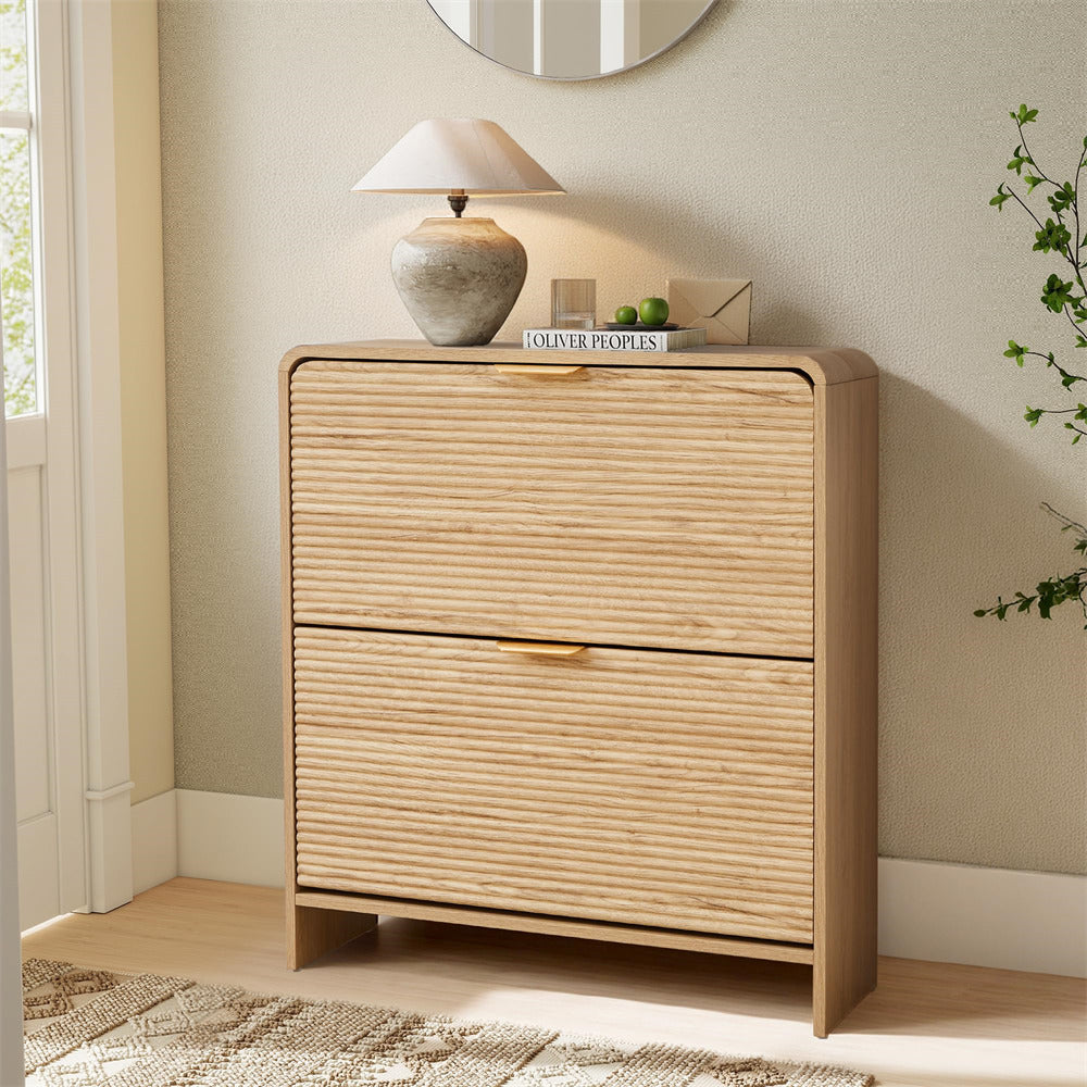 Natural 29.5'' Narrow Curved Fluted Freestanding Wood Shoe Cabinet with 2 Flip Drawers