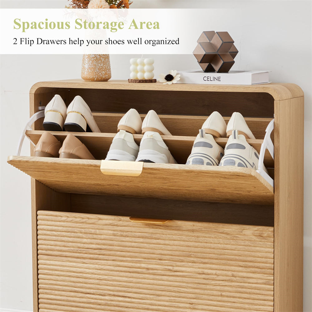 Wooden shoe cabinet with shoes inside, labeled 'Spacious Storage Area' and '2 Flip Drawers help your shoes well organized'.