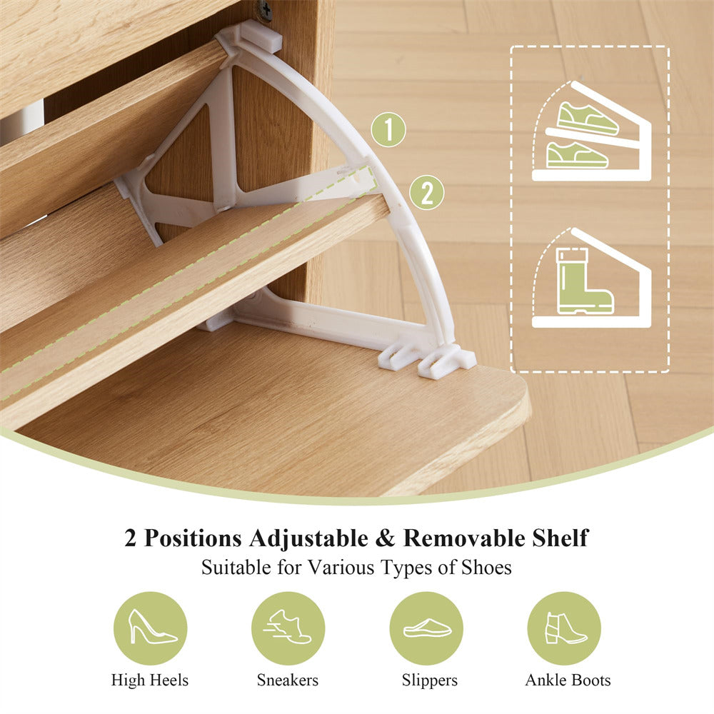 Wooden shelf with adjustable and removable design for shoes, on a wooden floor.