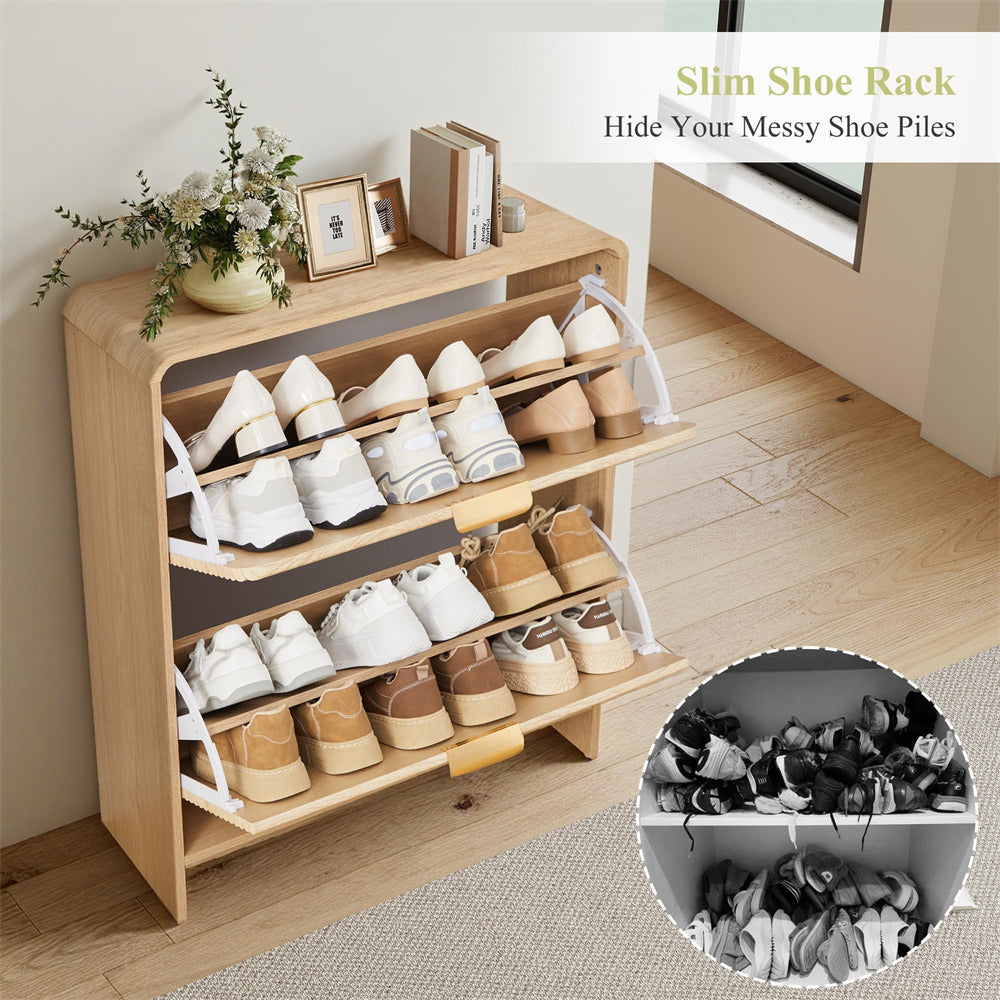 Wooden shoe rack with shoes on a wooden floor, with an inset showing a messy shoe pile.