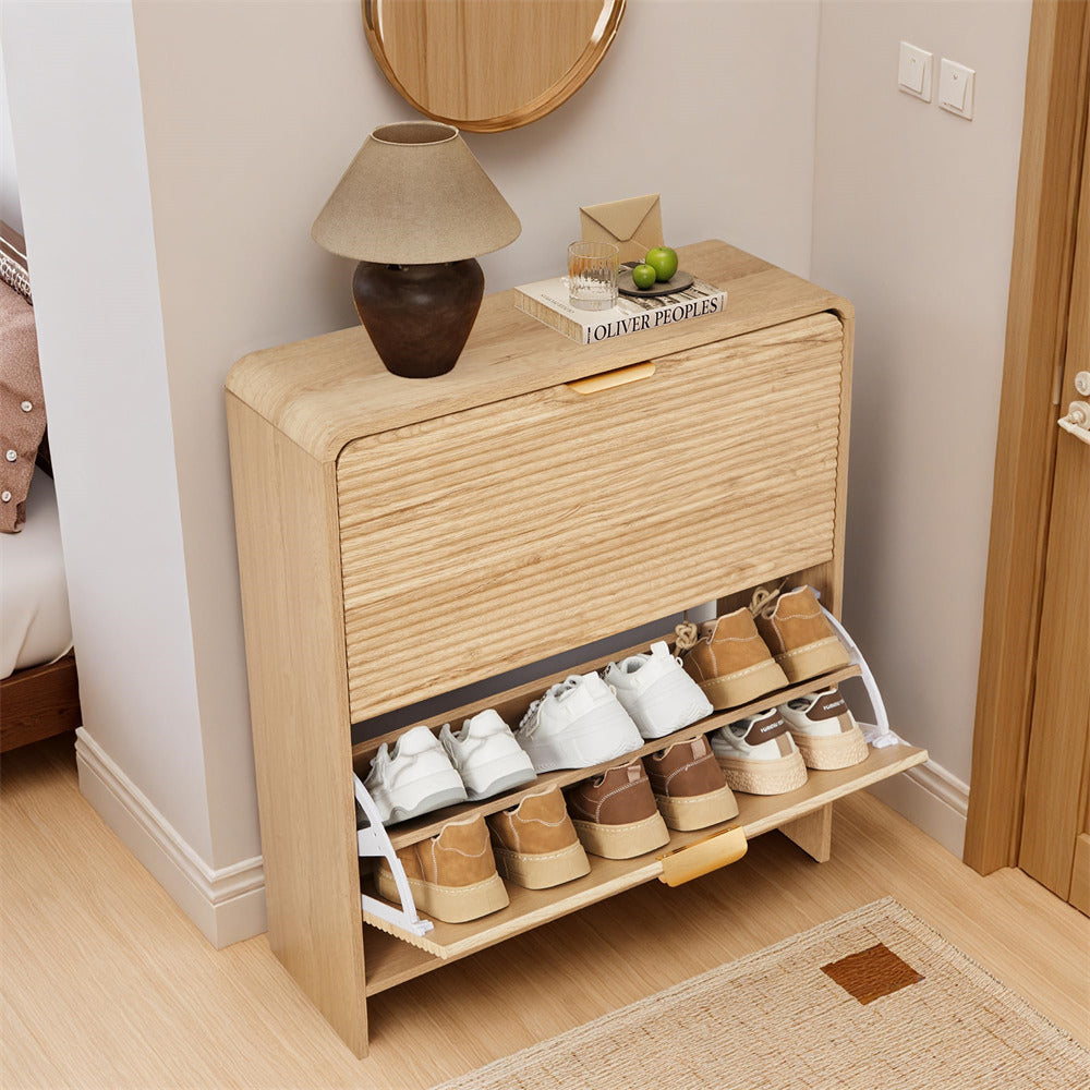 Wooden shoe cabinet with shoes inside in a room setting