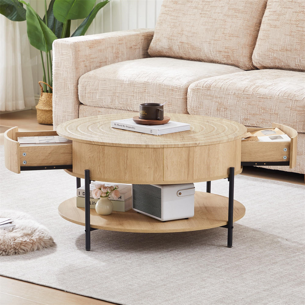 Round wooden coffee table with storage compartments in a living room setting.