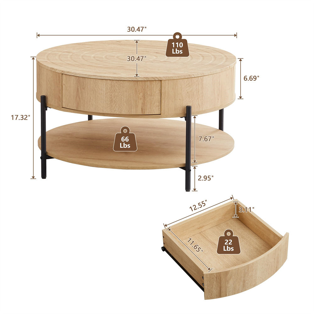 Wooden coffee table with measurements and weight indicators on a white background