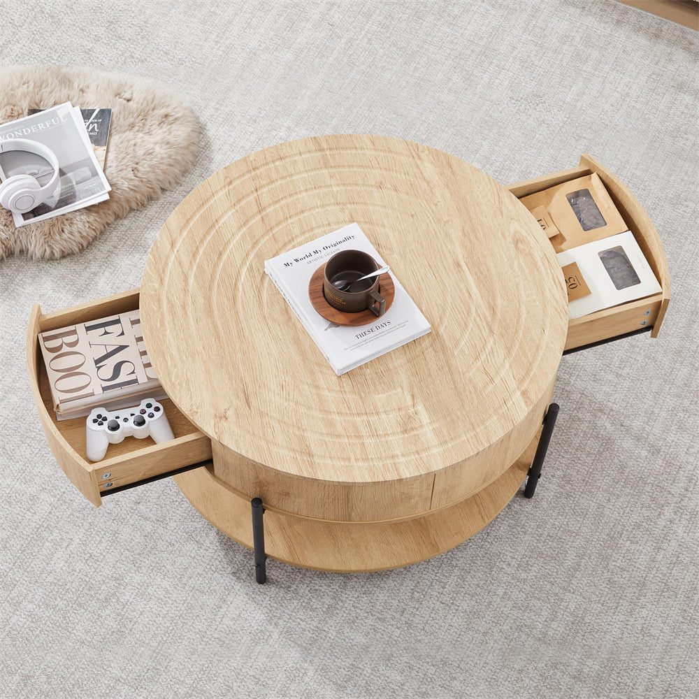 Round wooden coffee table with storage compartments on a gray carpet