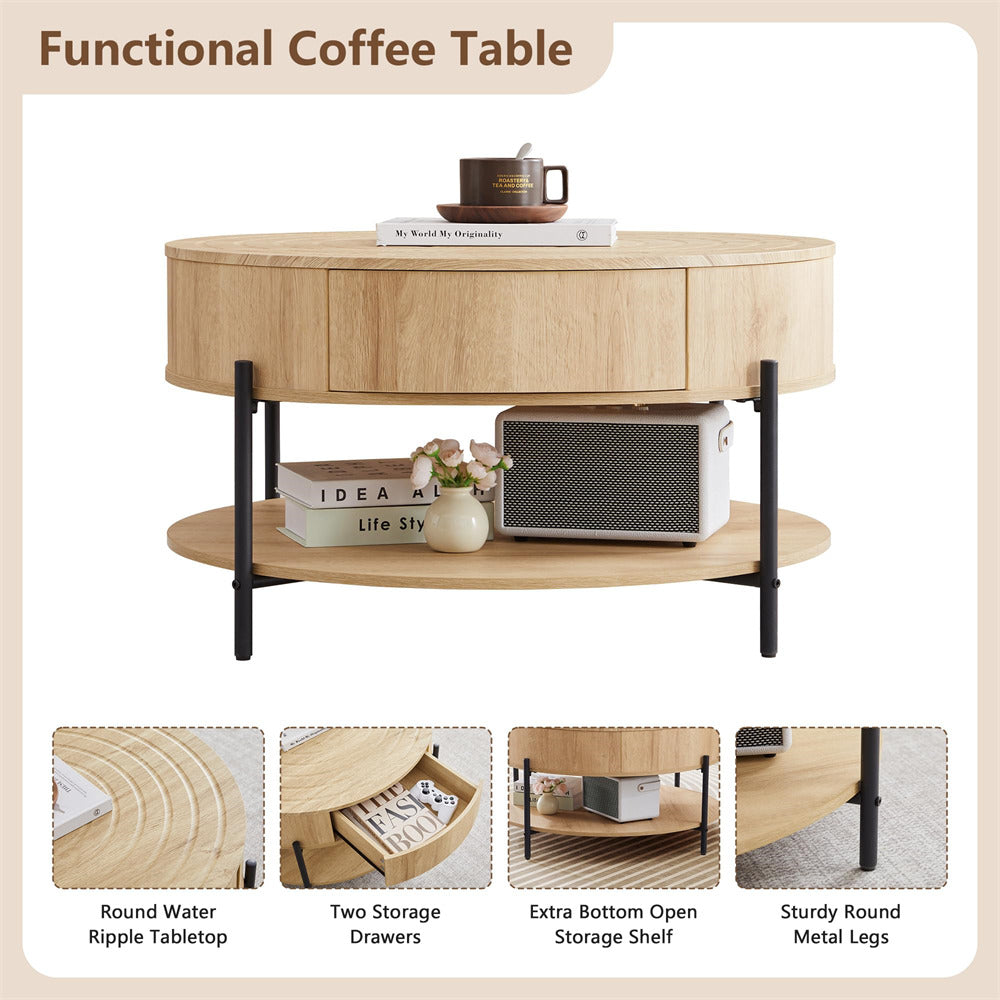 Wooden coffee table with round top, two storage drawers, and extra bottom open storage shelf on a beige background.