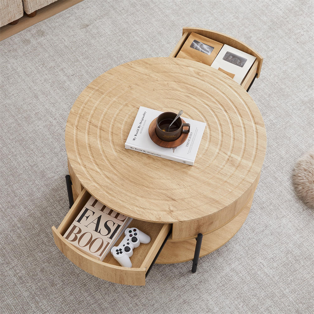 Round wooden coffee table with storage drawers in a living room setting.