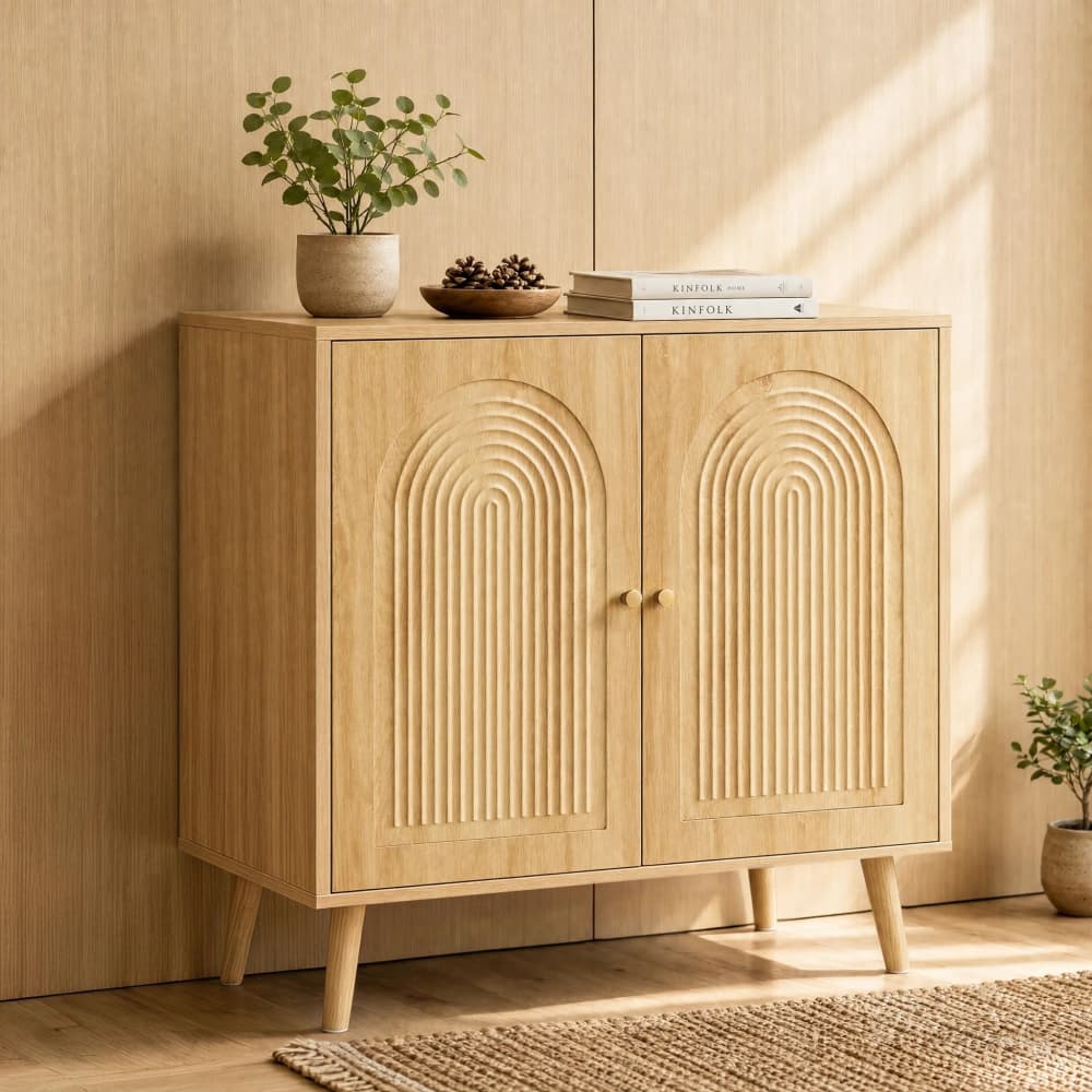 A light natural wood cabinet with two doors featuring a ribbed arched panel design, styled in a warm, minimalist room with a wooden wall, potted plants, and a woven rug.