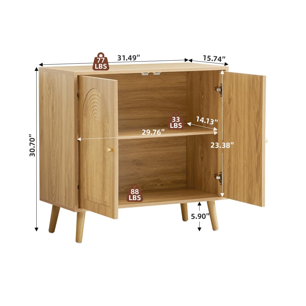 A light oak wood side cabinet with two open doors and a single shelf, shown with overlaid dimension lines and weight labels on a white background.