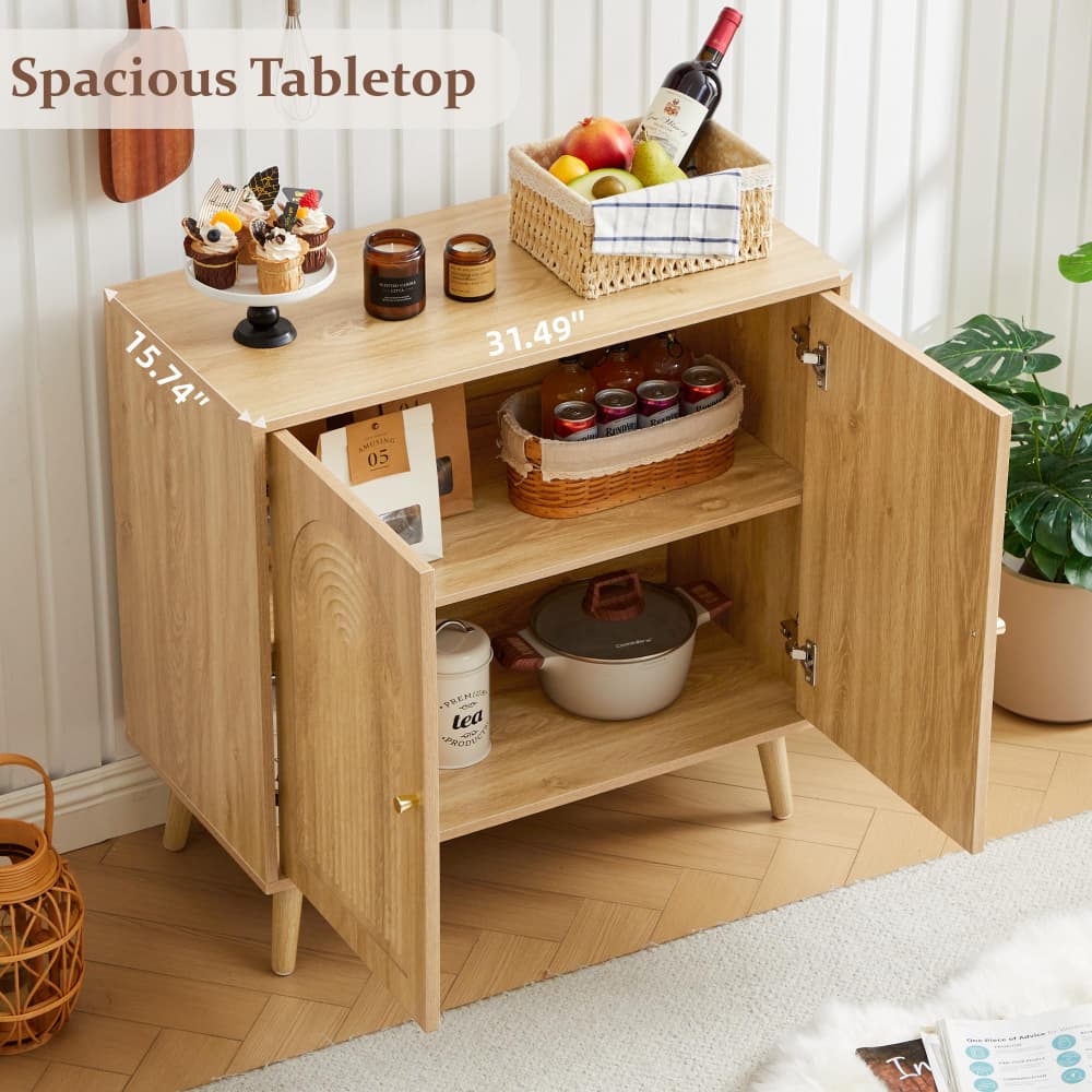 A light natural wood side table with two open doors and two shelves, styled with food and drink items on top and inside. The image includes dimension text overlays showing 15.
