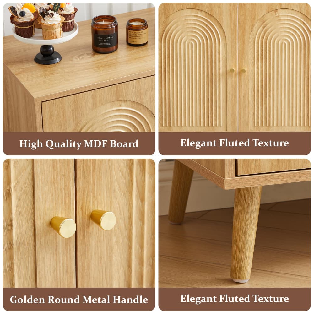 A 2x2 collage showing a light natural wood sideboard or cabinet from multiple angles, with text labels highlighting features: high quality MDF board, elegant fluted texture, golden round metal handle, and elegant fluted texture. The top-left panel includes a small styled scene with candles and cupcakes on the cabinet surface.