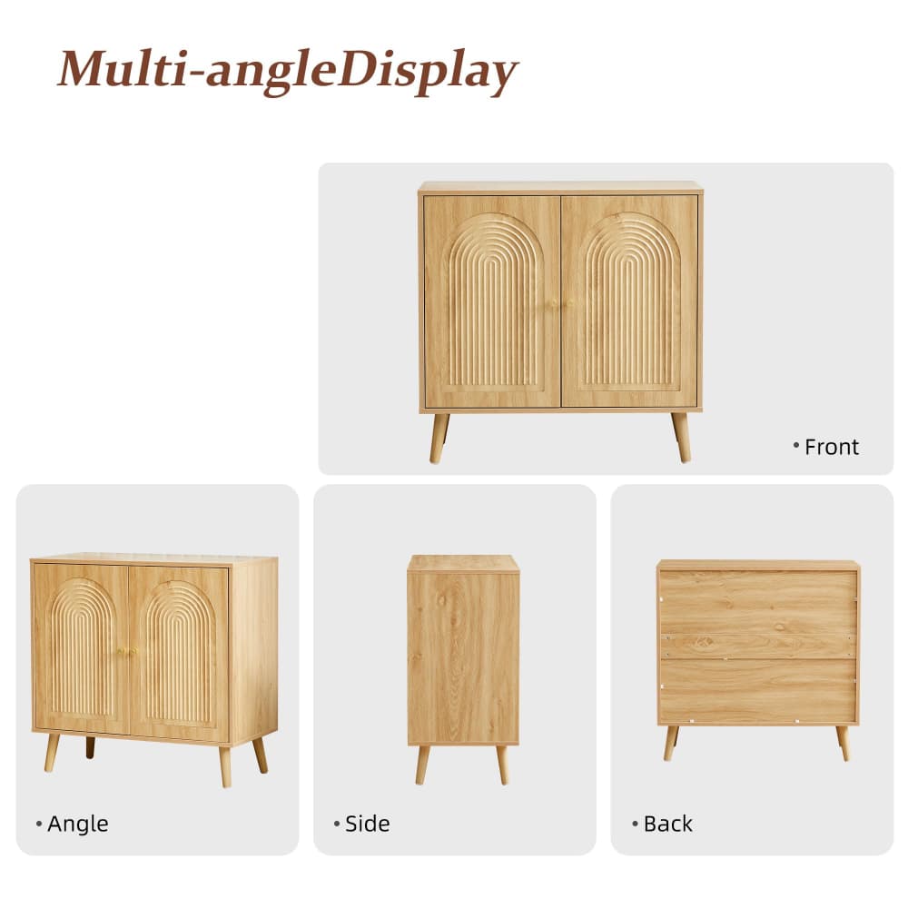 A multi-angle product display of a light natural wood sideboard cabinet with arched door panels and tapered legs, showing front, side, and back views on a white background with the heading 'Multi-angleDisplay'.