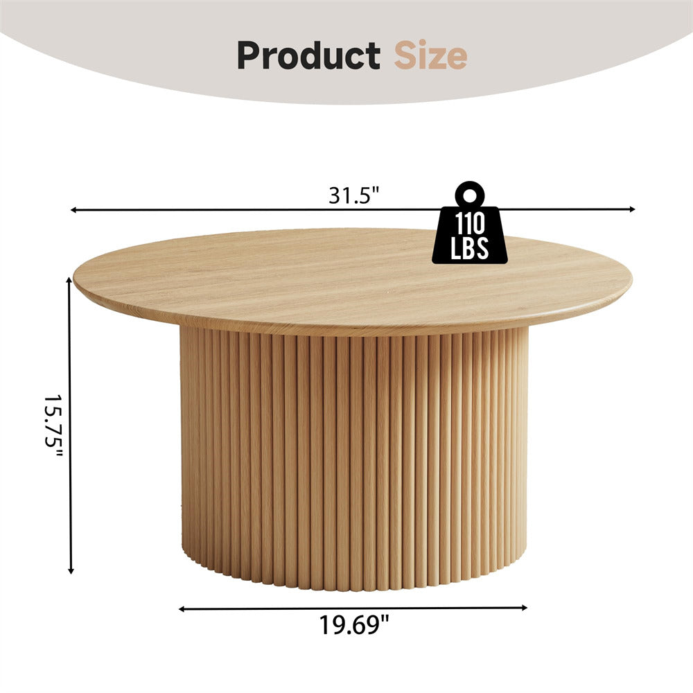 Wooden round table with dimensions and weight capacity displayed