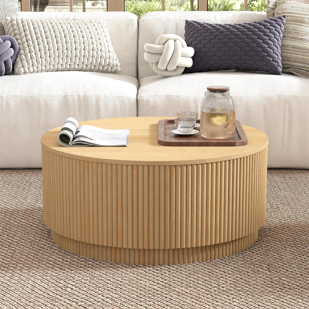 Natural 31.5" Mid Century Modern Round Coffee Table with Storage and Fluted Base