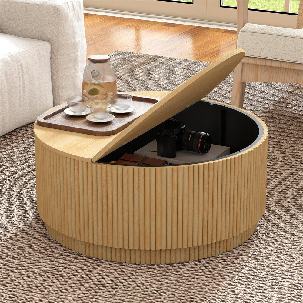 Natural 31.5" Mid Century Modern Round Coffee Table with Storage and Fluted Base