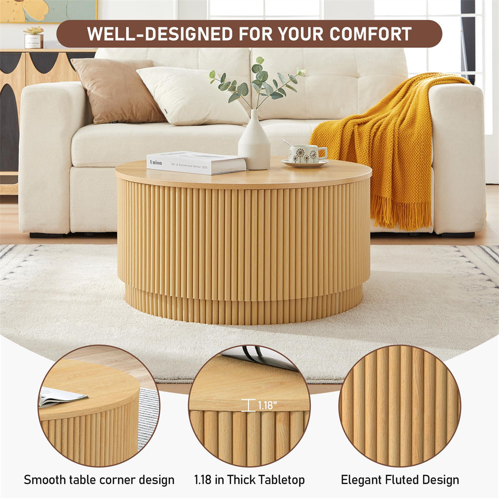 Natural 31.5" Mid Century Modern Round Coffee Table with Storage and Fluted Base