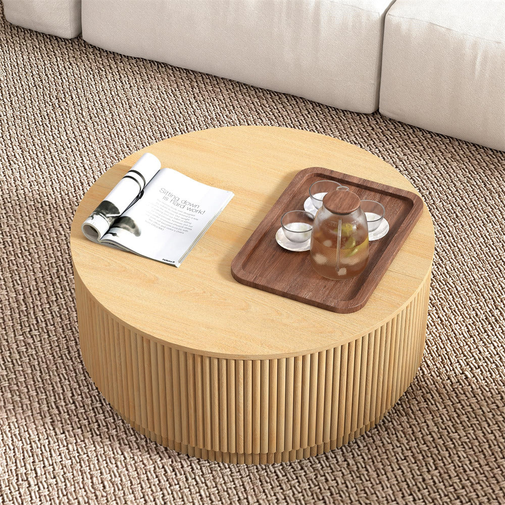 Natural 31.5" Mid Century Modern Round Coffee Table with Storage and Fluted Base