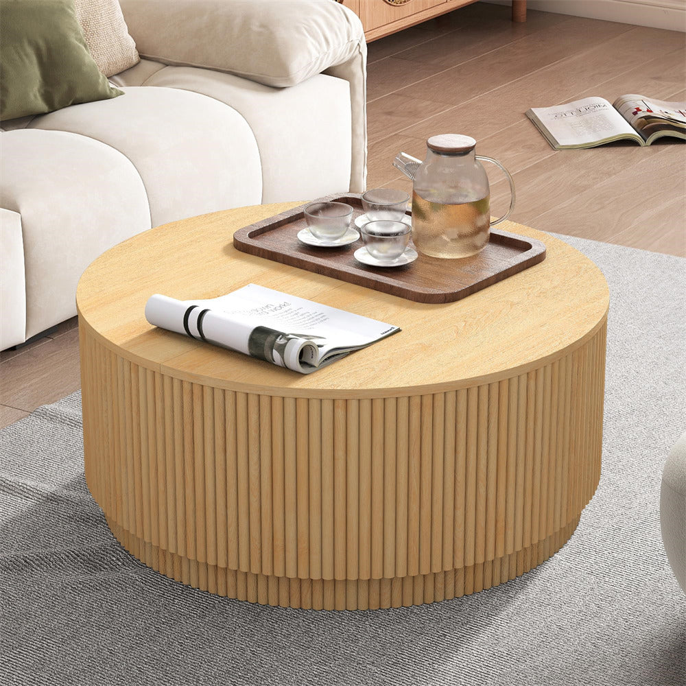 Natural 31.5" Mid Century Modern Round Coffee Table with Storage and Fluted Base