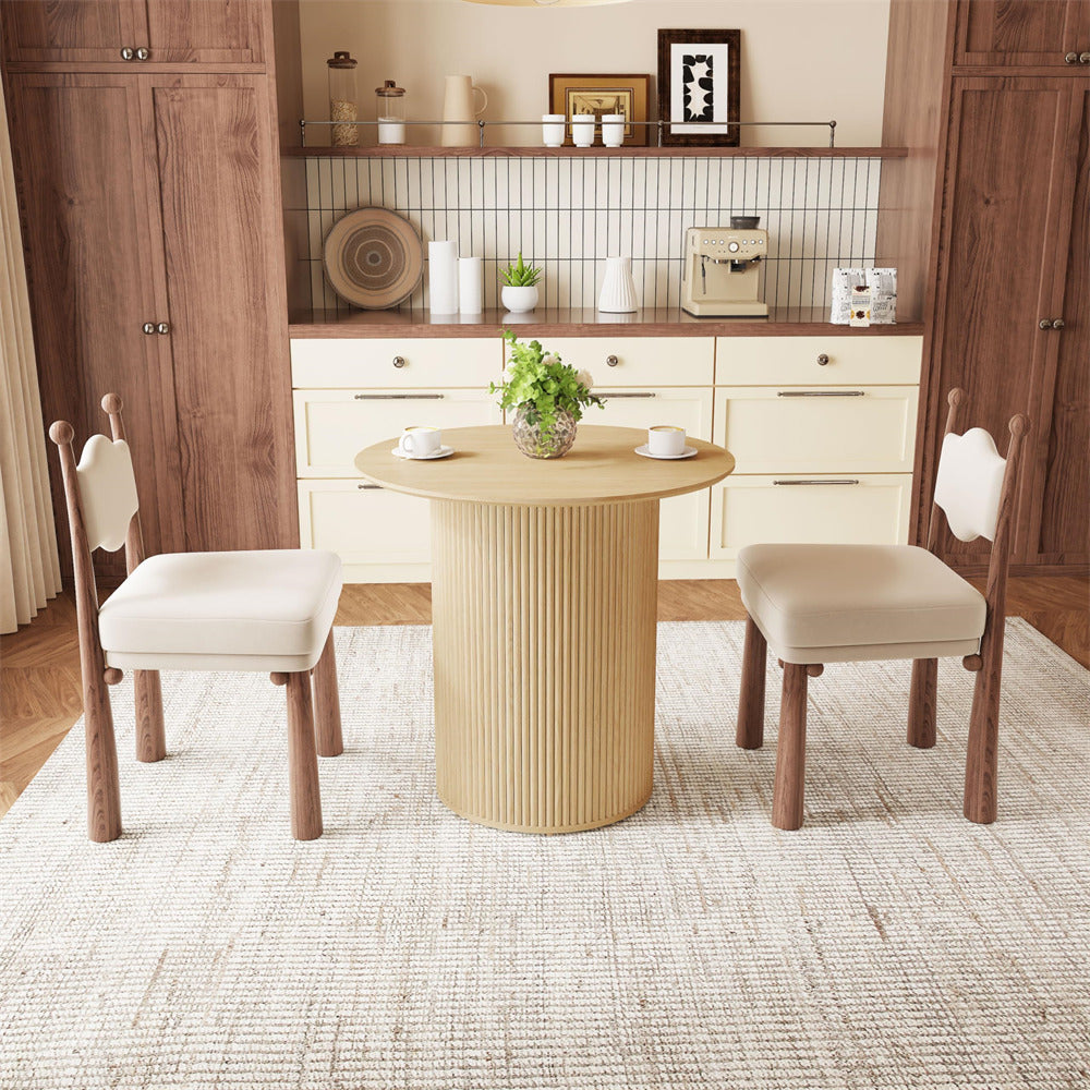 Natural 31.5" Round Small Kitchen Dinner Table with Fluted Wood Base