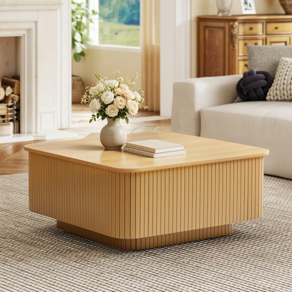 Walnut 31.5" Square Fluted Flip-Top Coffee Table with Storage and Floating Base