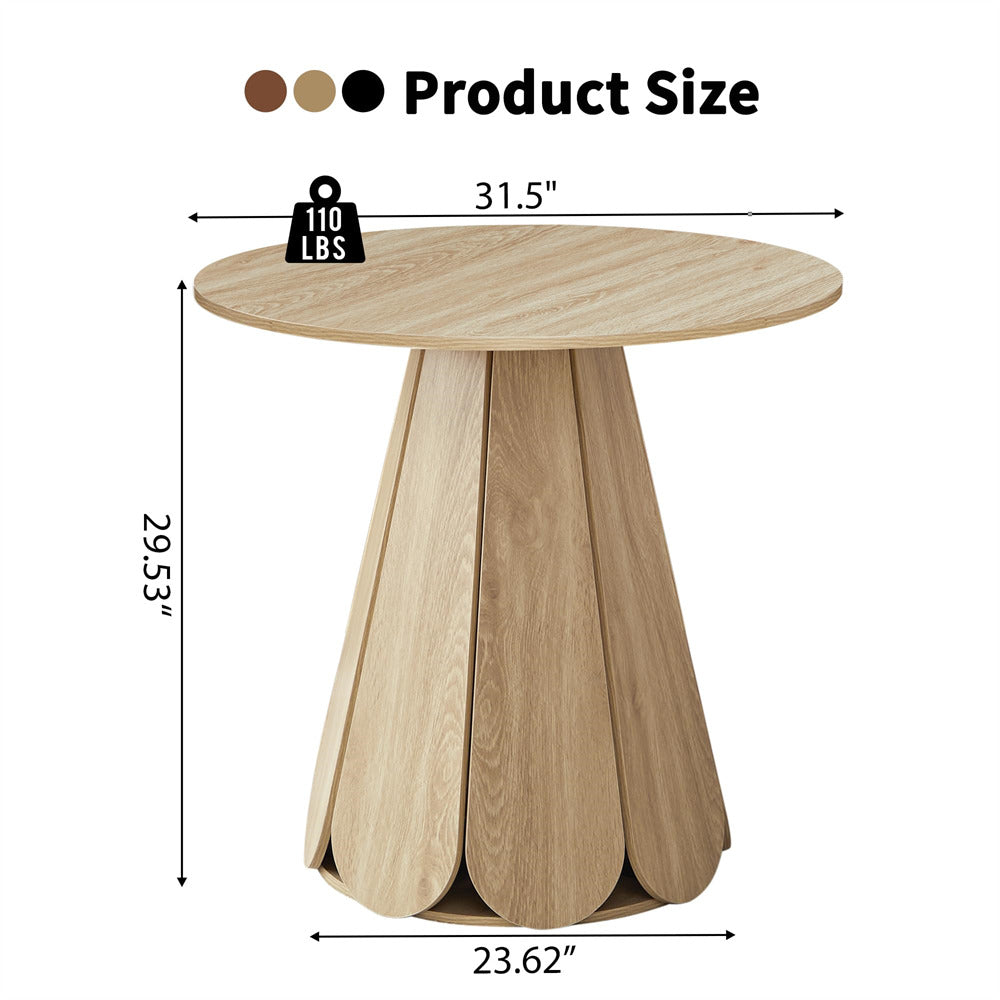 Wooden side table with measurements and weight capacity on a white background