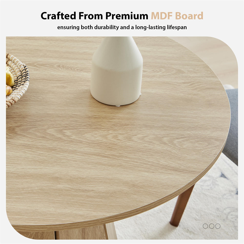 Round wooden table with a white vase and basket on top, text indicating premium MDF board quality.