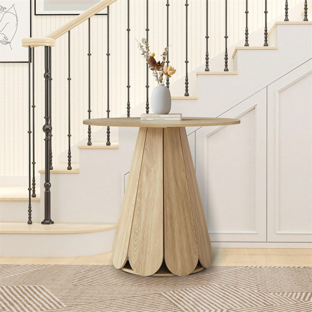 Wooden side table with a vase of flowers in a home interior setting