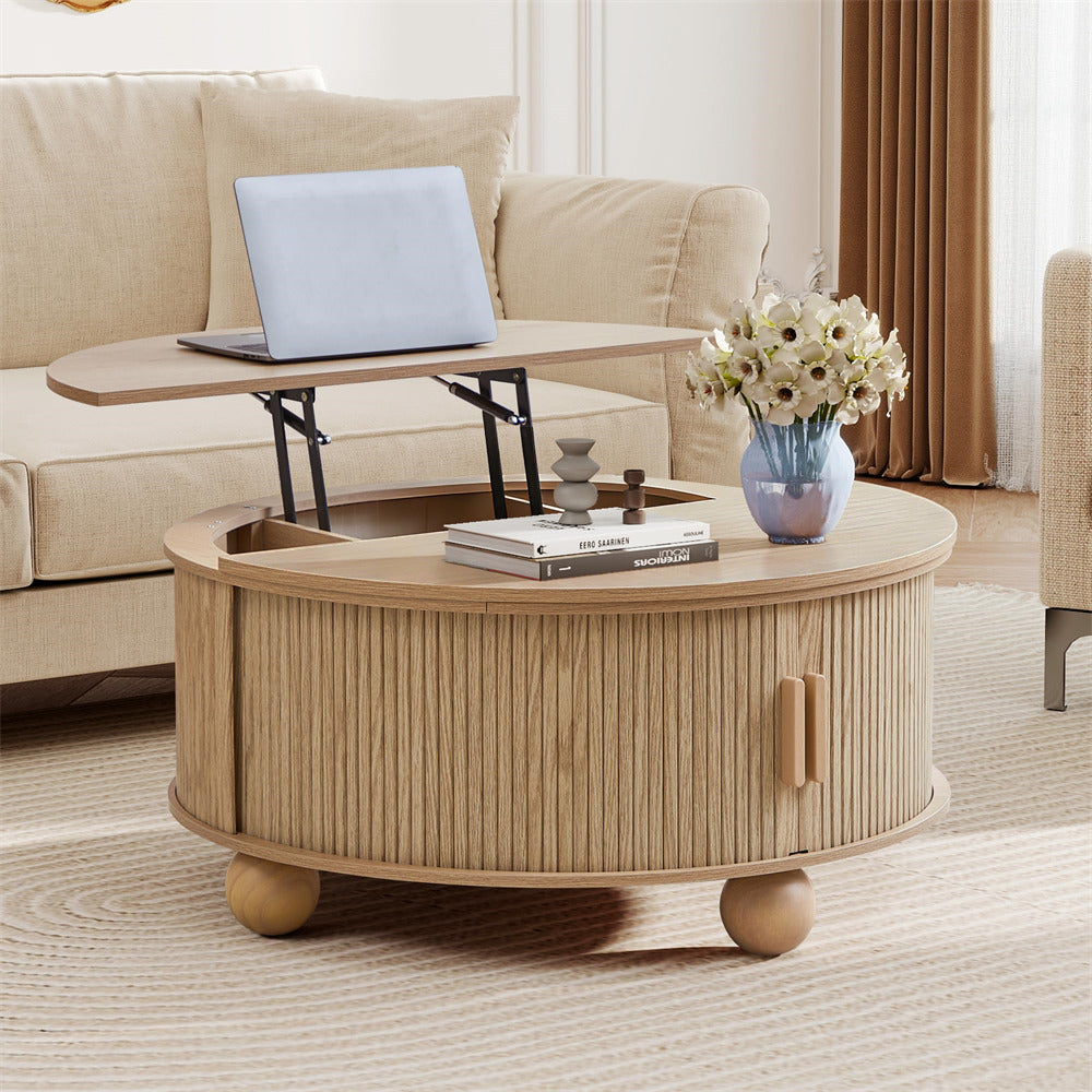 Natural 33.5" Farmhouse Wood Round Lift-Top Coffee Table with Sliding Door & Ball Legs