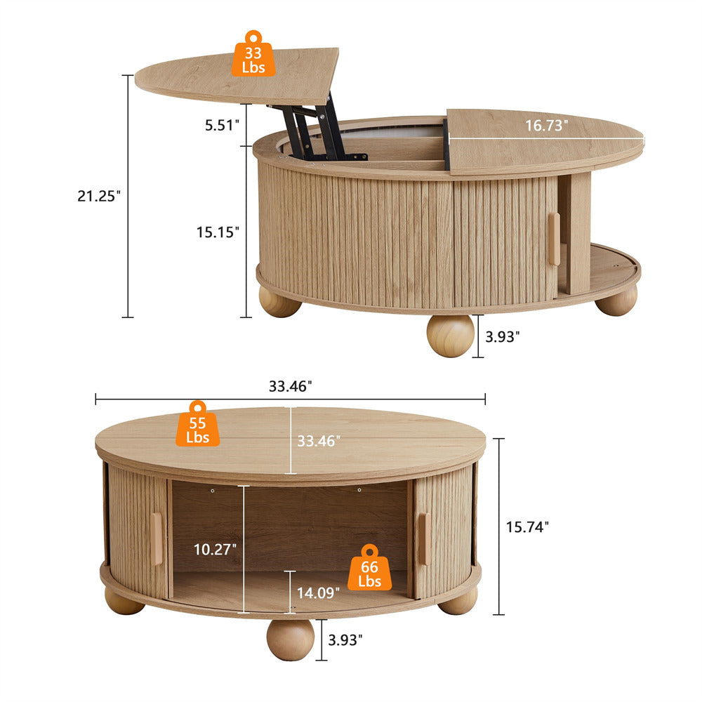 Wooden coffee table with dimensions and weight indicators on a white background