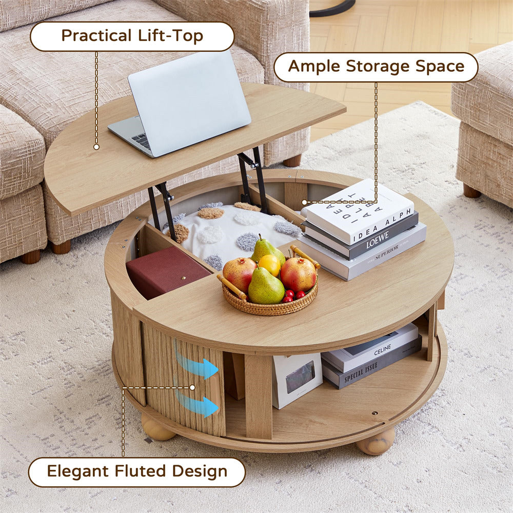 Wooden coffee table with lift-top feature in a living room setting