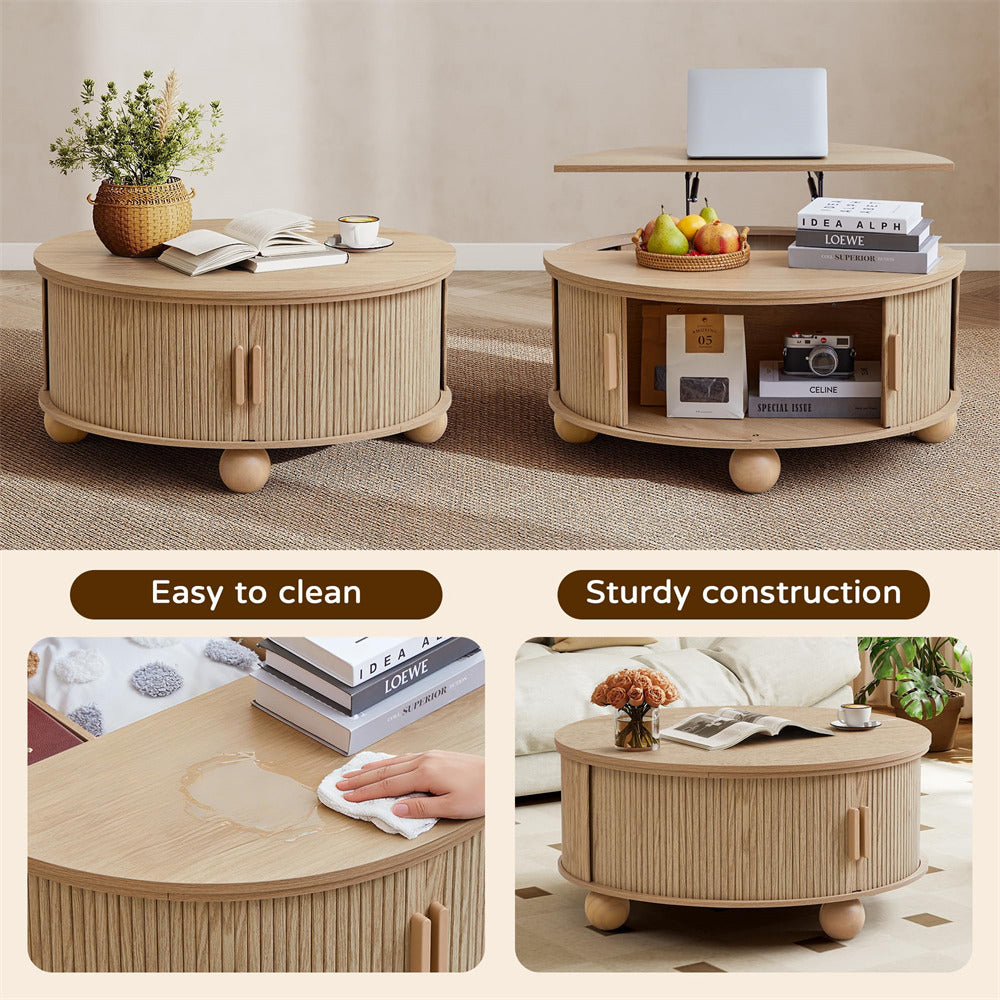 Round wooden coffee table with various items on top, shown from different angles.
