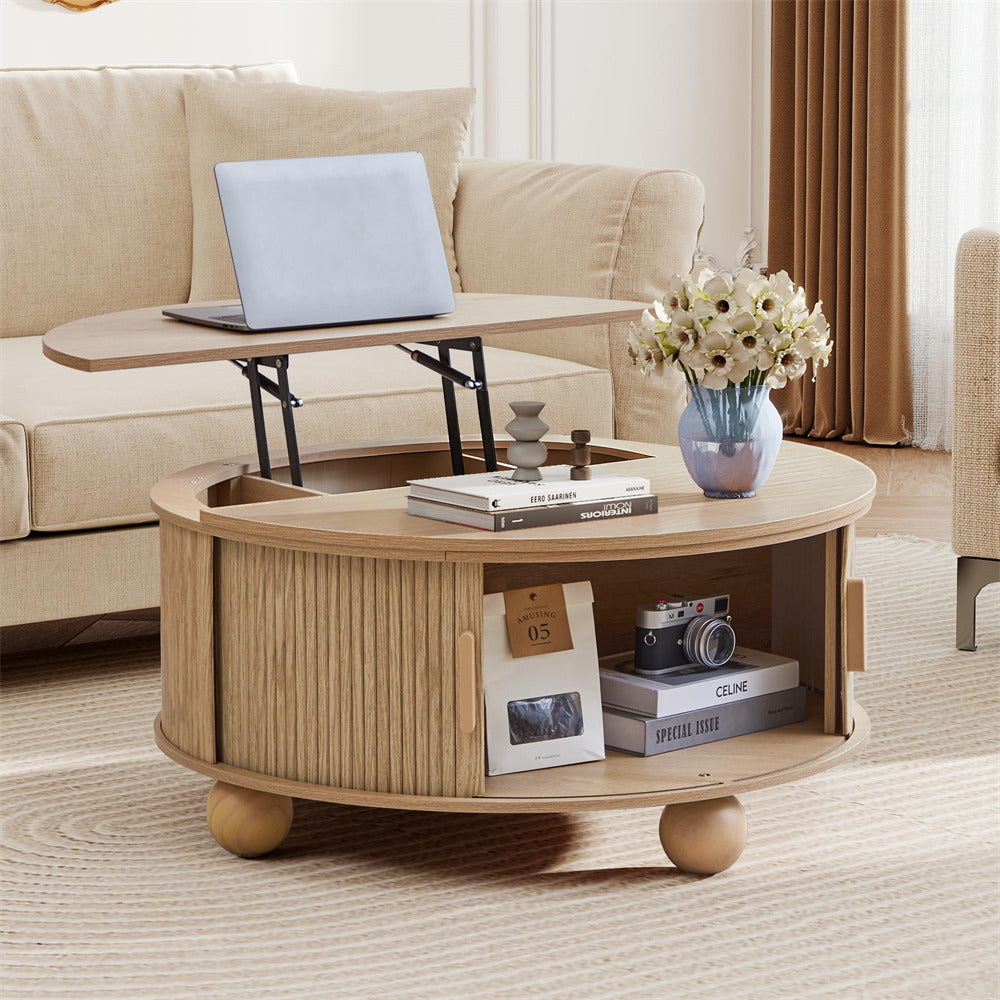 Wooden coffee table with a laptop on an extendable shelf in a living room.