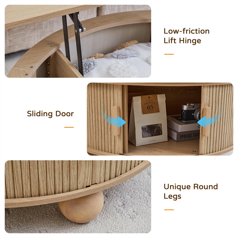Wooden toy with sliding door, low-friction lift hinge, and round legs on a white background