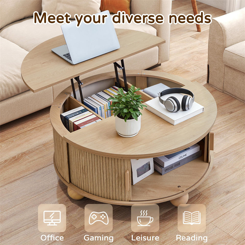 Round wooden coffee table with storage compartments in a living room setting, featuring a laptop, books, headphones, and a plant.