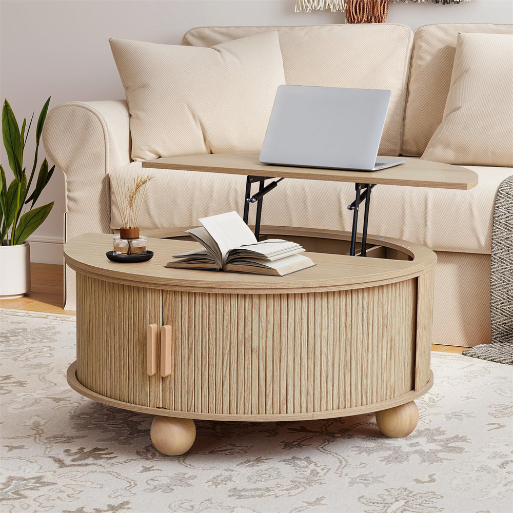 Round wooden coffee table with lift-top feature in a living room setting.