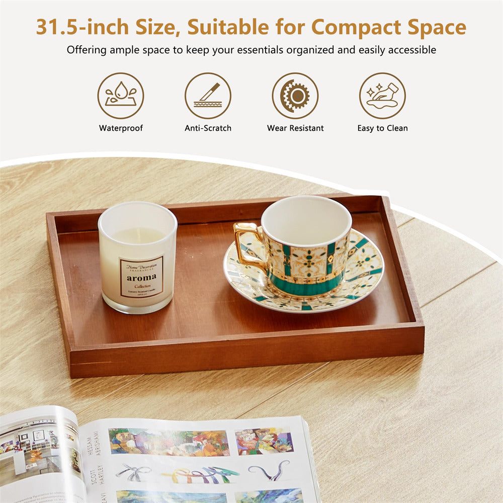 Wooden tray with a cup, saucer, and candle on a wooden surface with text about product features.