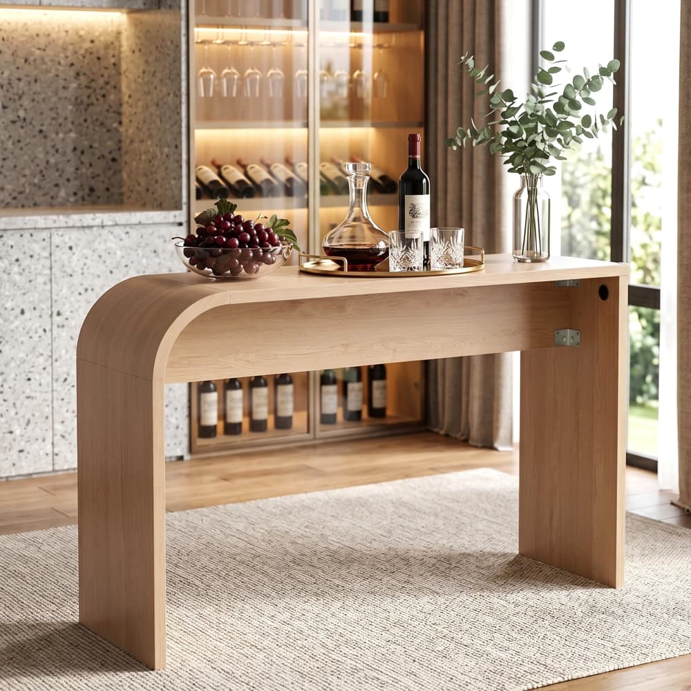 Natural 35.43"Tall Curved Counter Height Bar Table Narrow High Top Pub Dining Table