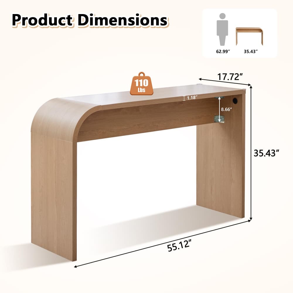 Natural 35.43"Tall Curved Counter Height Bar Table Narrow High Top Pub Dining Table