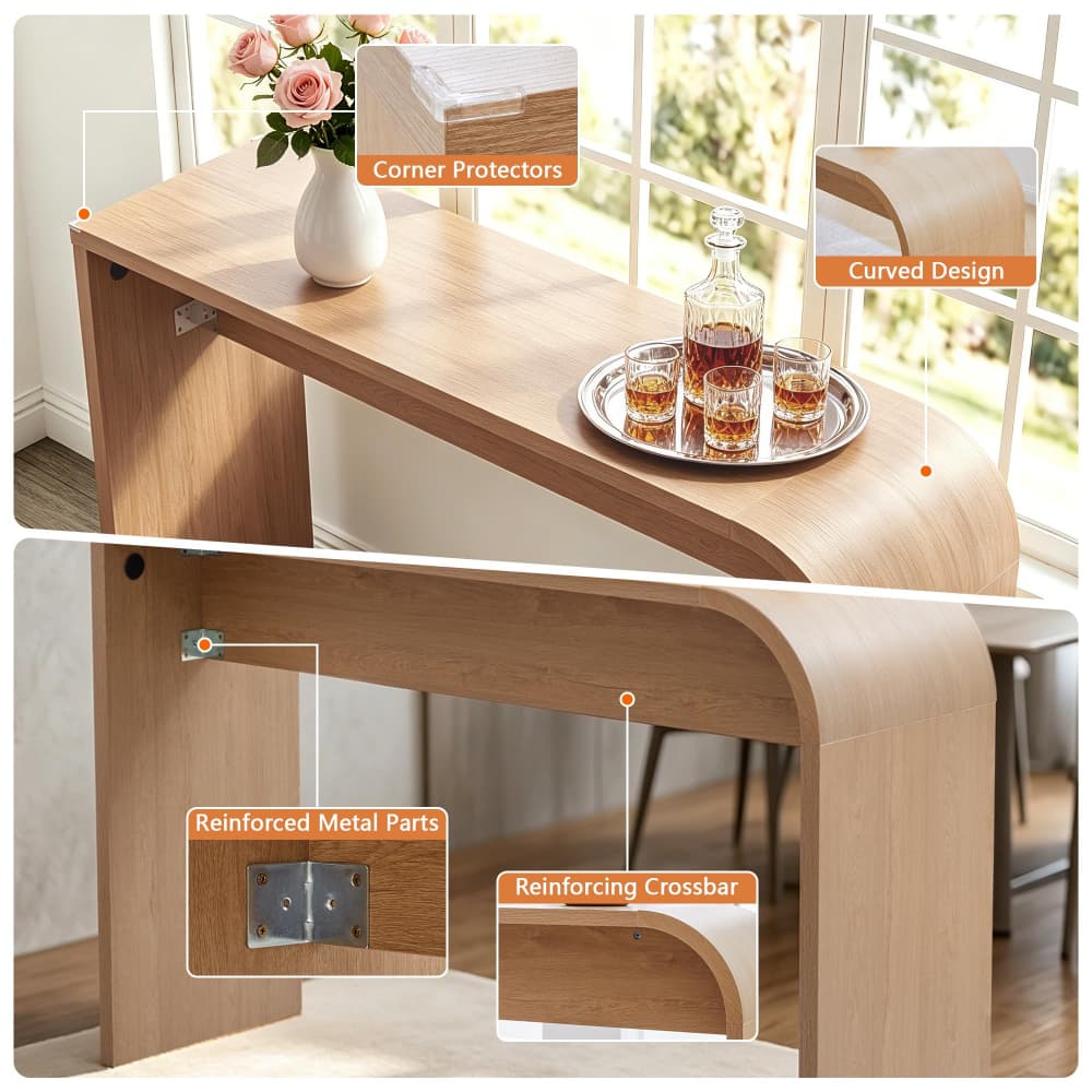 Natural 35.43"Tall Curved Counter Height Bar Table Narrow High Top Pub Dining Table