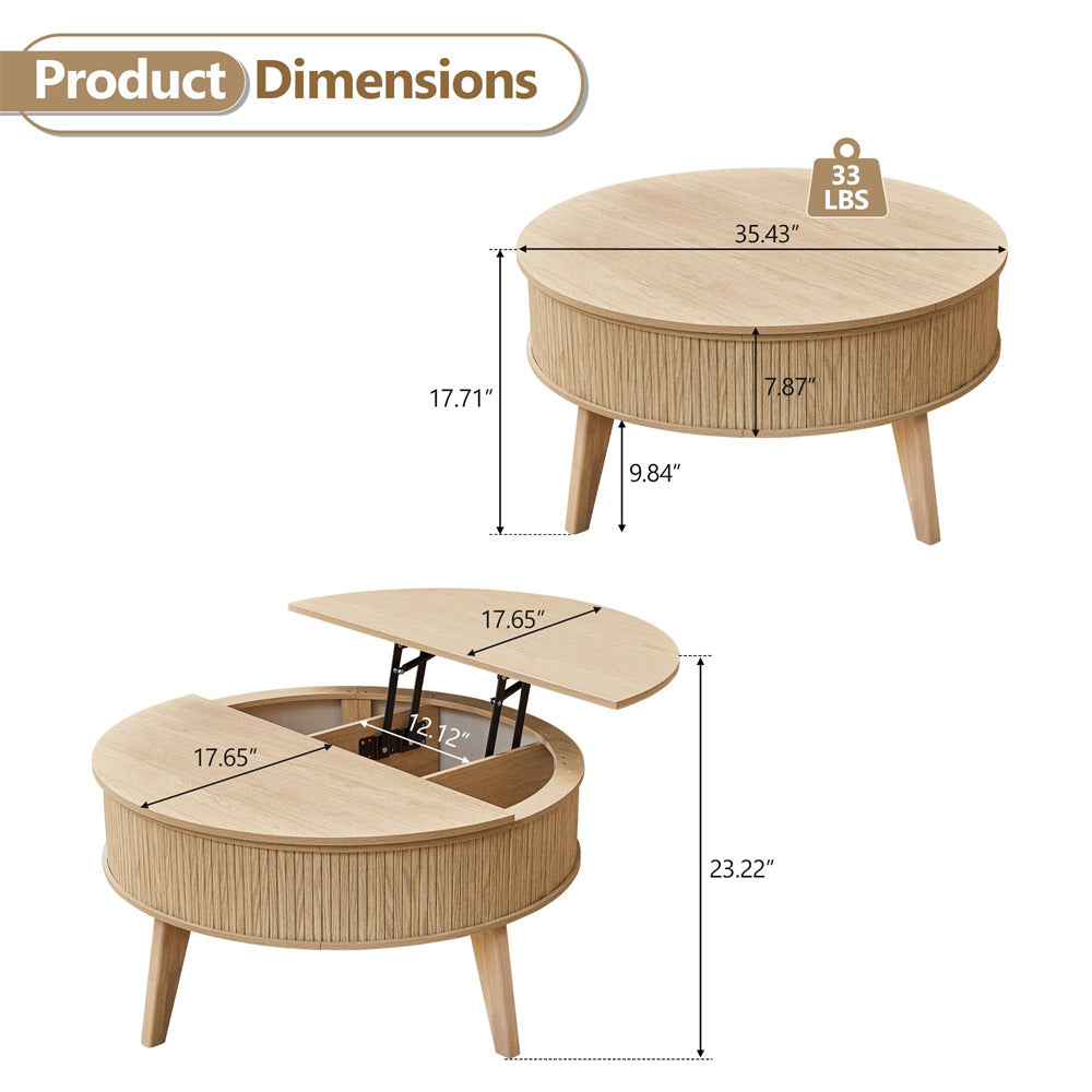 Wooden coffee table with dimensions labeled on a white background