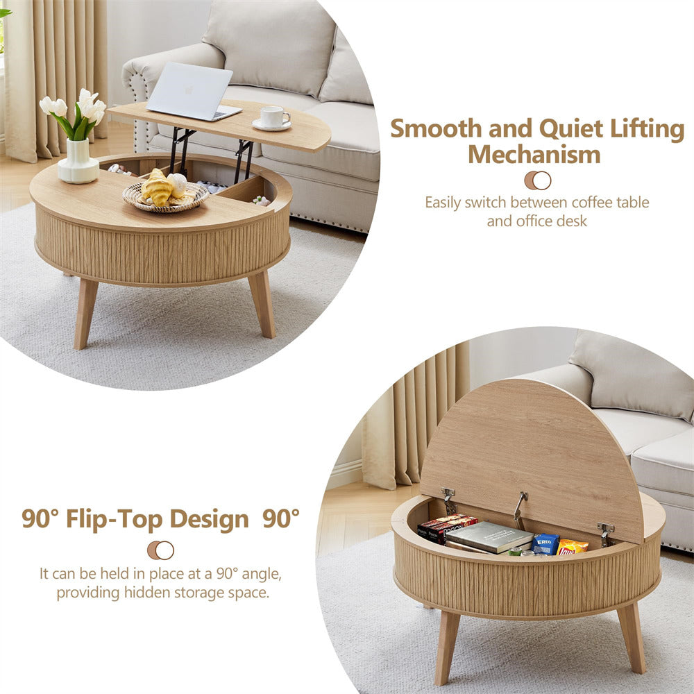 Round wooden coffee table with flip-top design in a living room setting