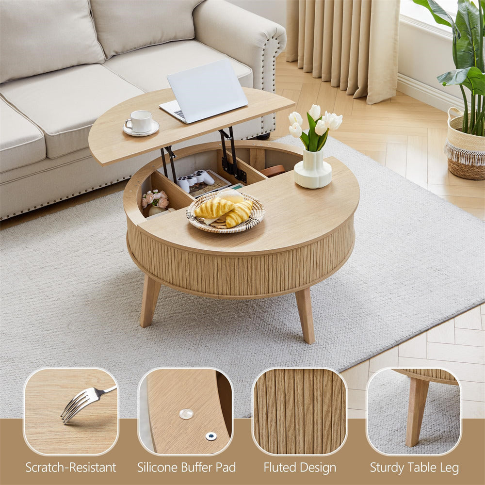 Round wooden coffee table with lift-top feature in a living room setting