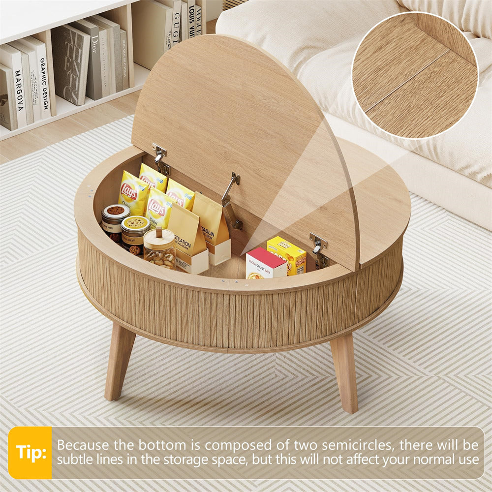 Round wooden coffee table with storage compartments on a light-colored floor.