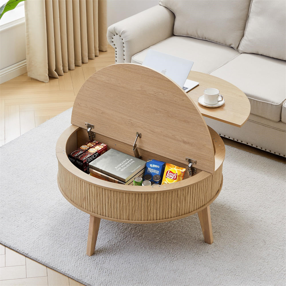 Round wooden coffee table with storage compartments in a living room setting.