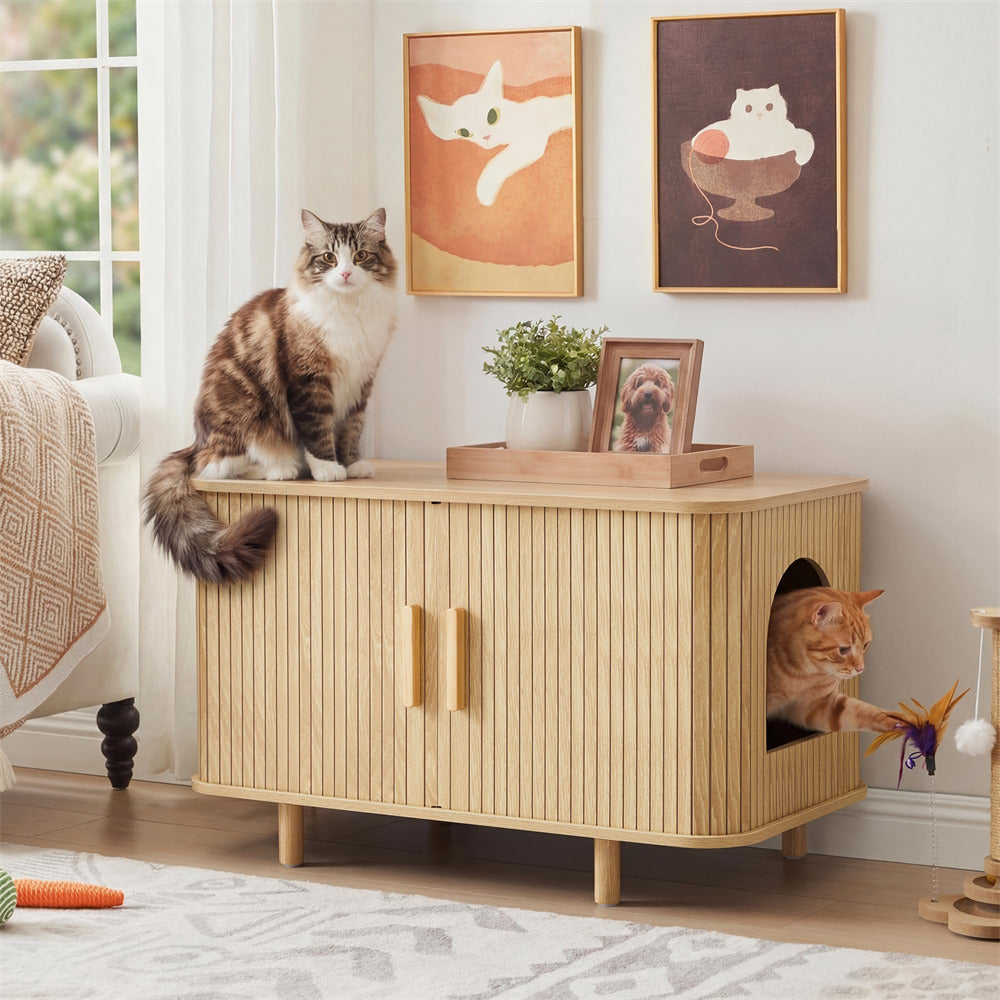Natural 35" Fluted Cat Litter Box Enclosure Furniture with Litter Collector and Sliding Door