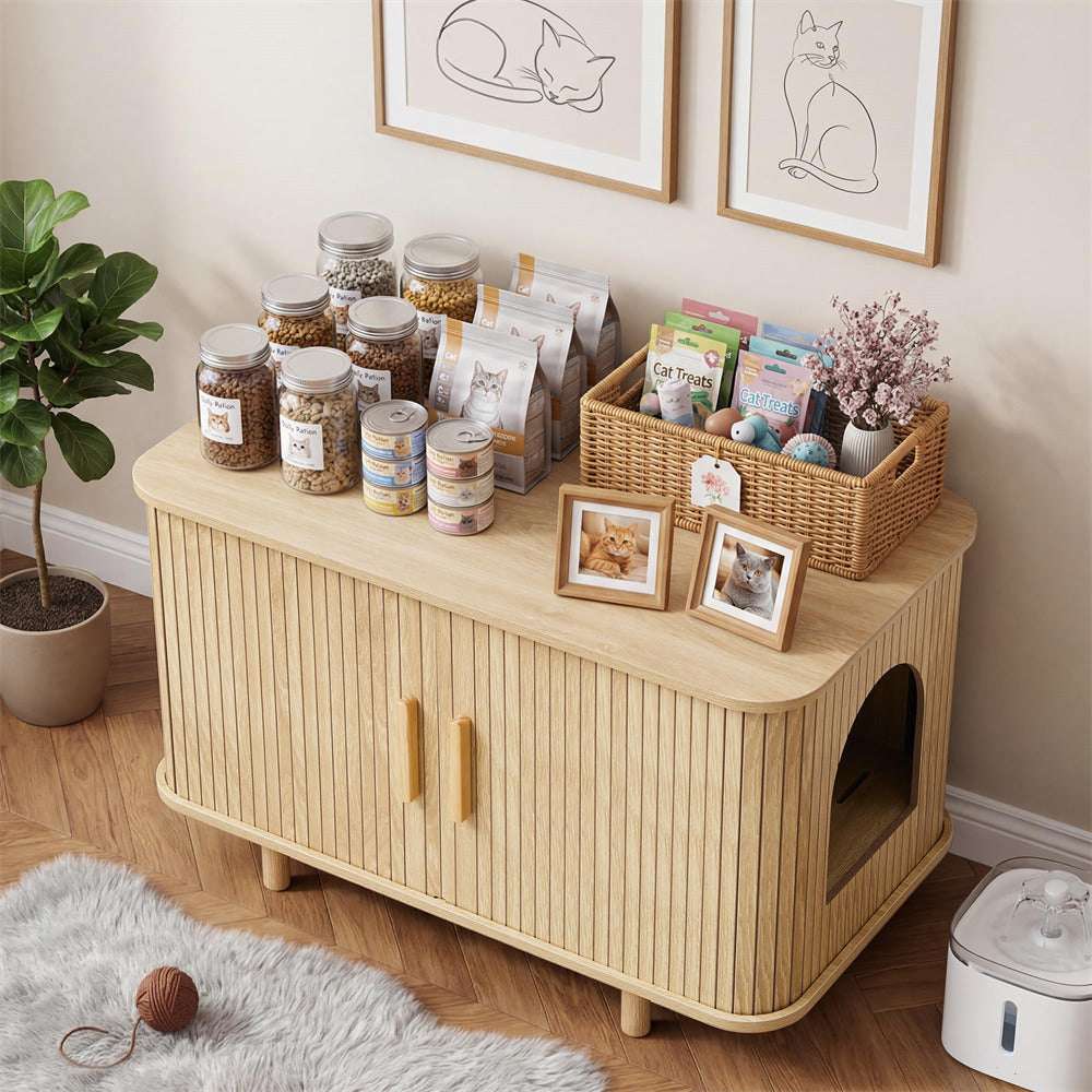 Wooden pet furniture with pet supplies and decor in a room setting.