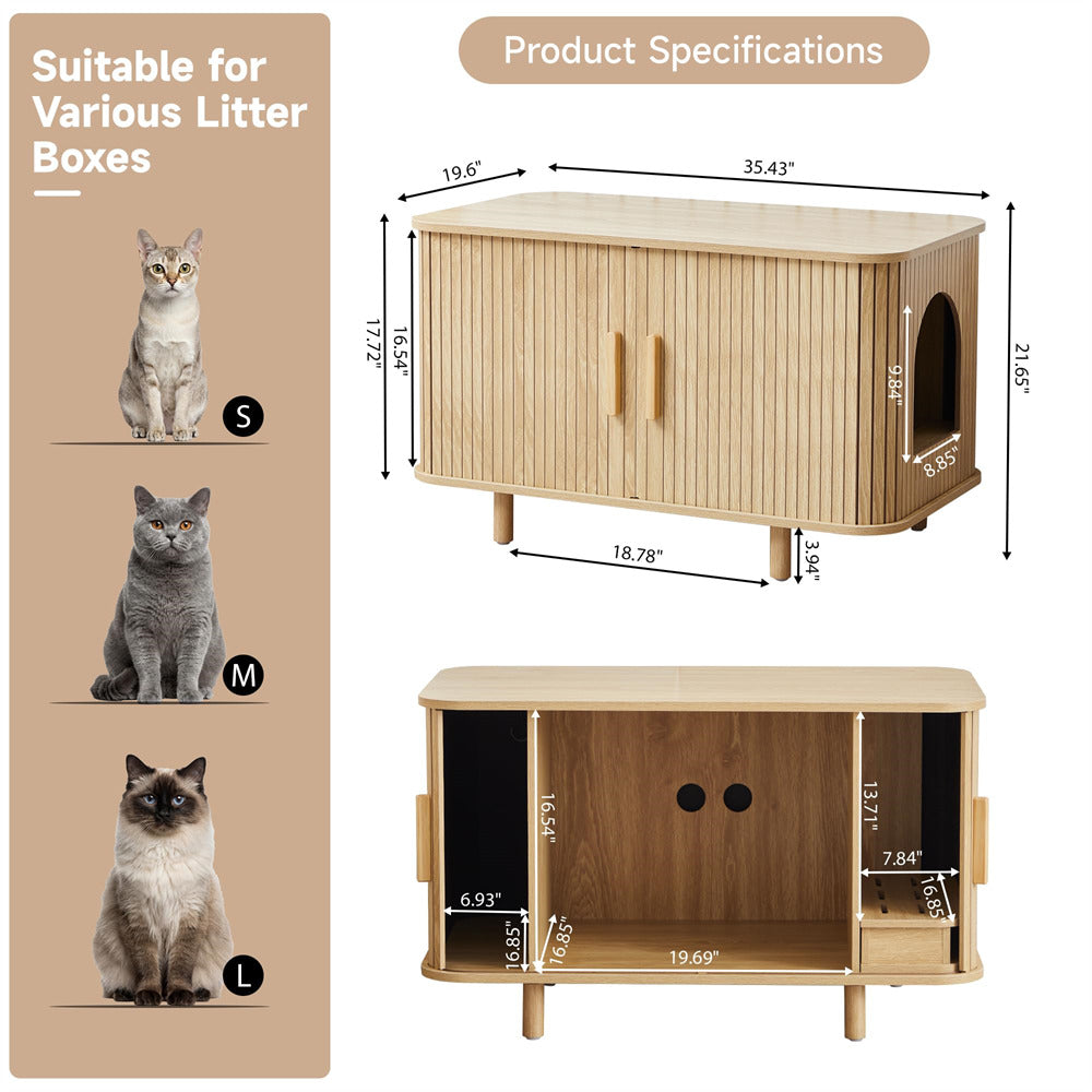 Wooden cat house with dimensions and size chart on a beige background