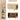 Wooden cat house with dimensions and size chart on a beige background