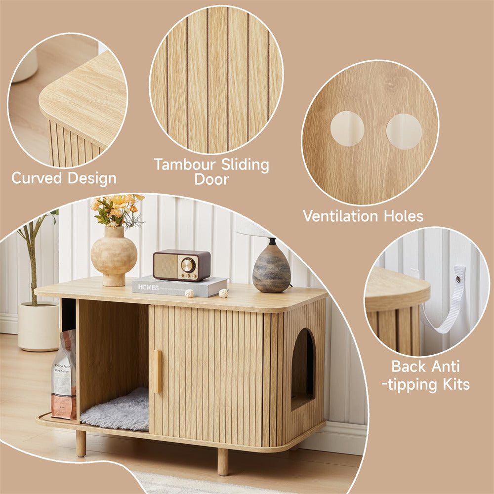 Wooden pet furniture with features highlighted on a beige background